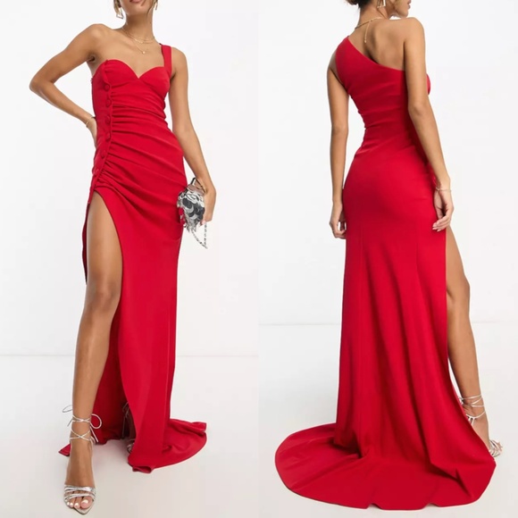 NEW ASOS DESIGN Red ONE SHOULDER Ruched SIDE BUTTON Maxi Dress GOWN US 4 (fit 2) - Picture 16 of 16